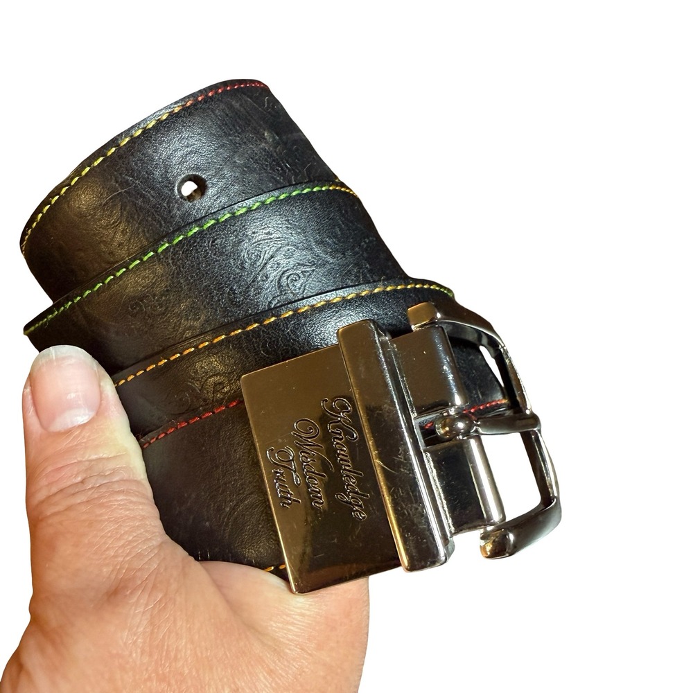 Robert Graham Mens Black Leather Paisley Embossed Belt 36 Rainbow Stitch Reverse